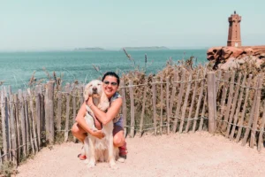 Plage côte de granite rose dans les côtes d'Armor chien