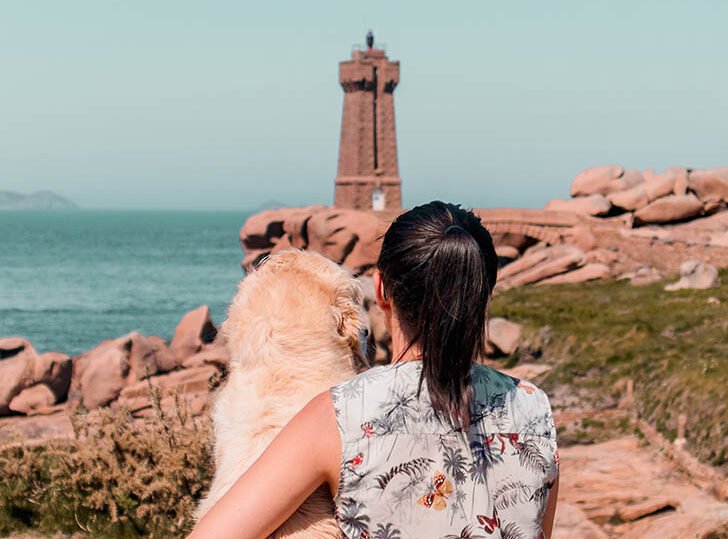 Côte de granite rose dans les côtes d'Armor chien Phare de ploumanach